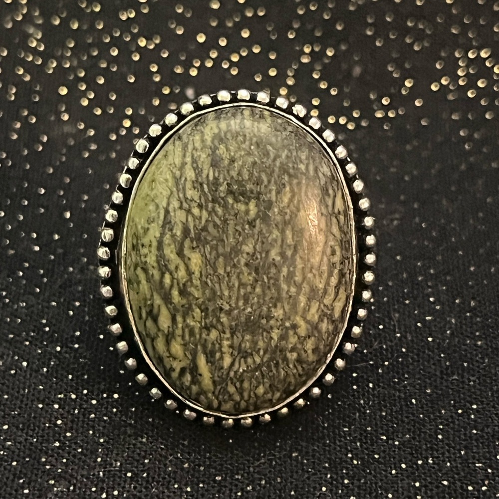 Oval Stone Ring with Silver Beaded Edge